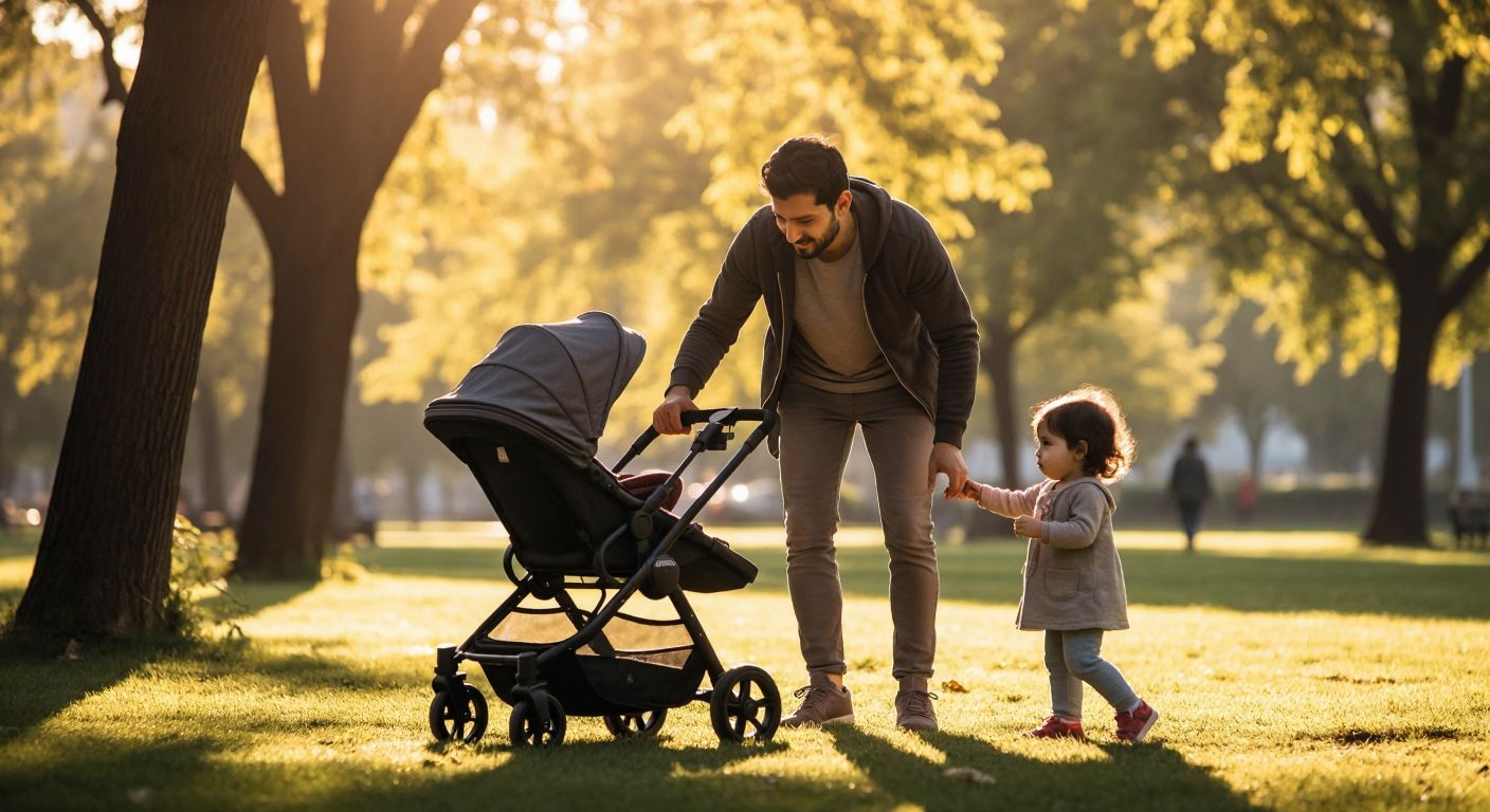 A young Turkish parent in a sunlit park carefully attaching a footrest extension to a stroller while a curious toddler watches nearby.