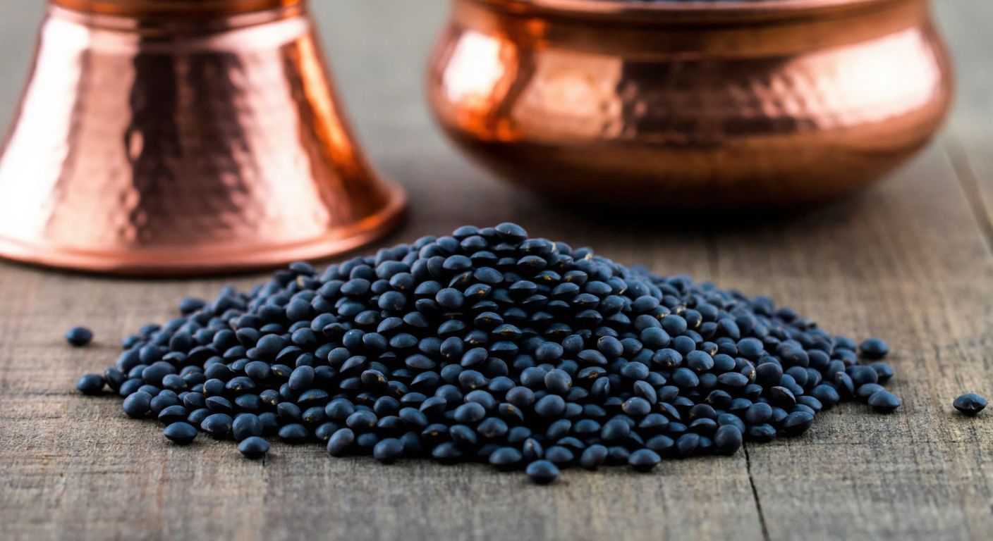 A close-up of a small pile of glossy black beluga lentils on a rustic wooden table, with a traditional Turkish copper bowl nearby.