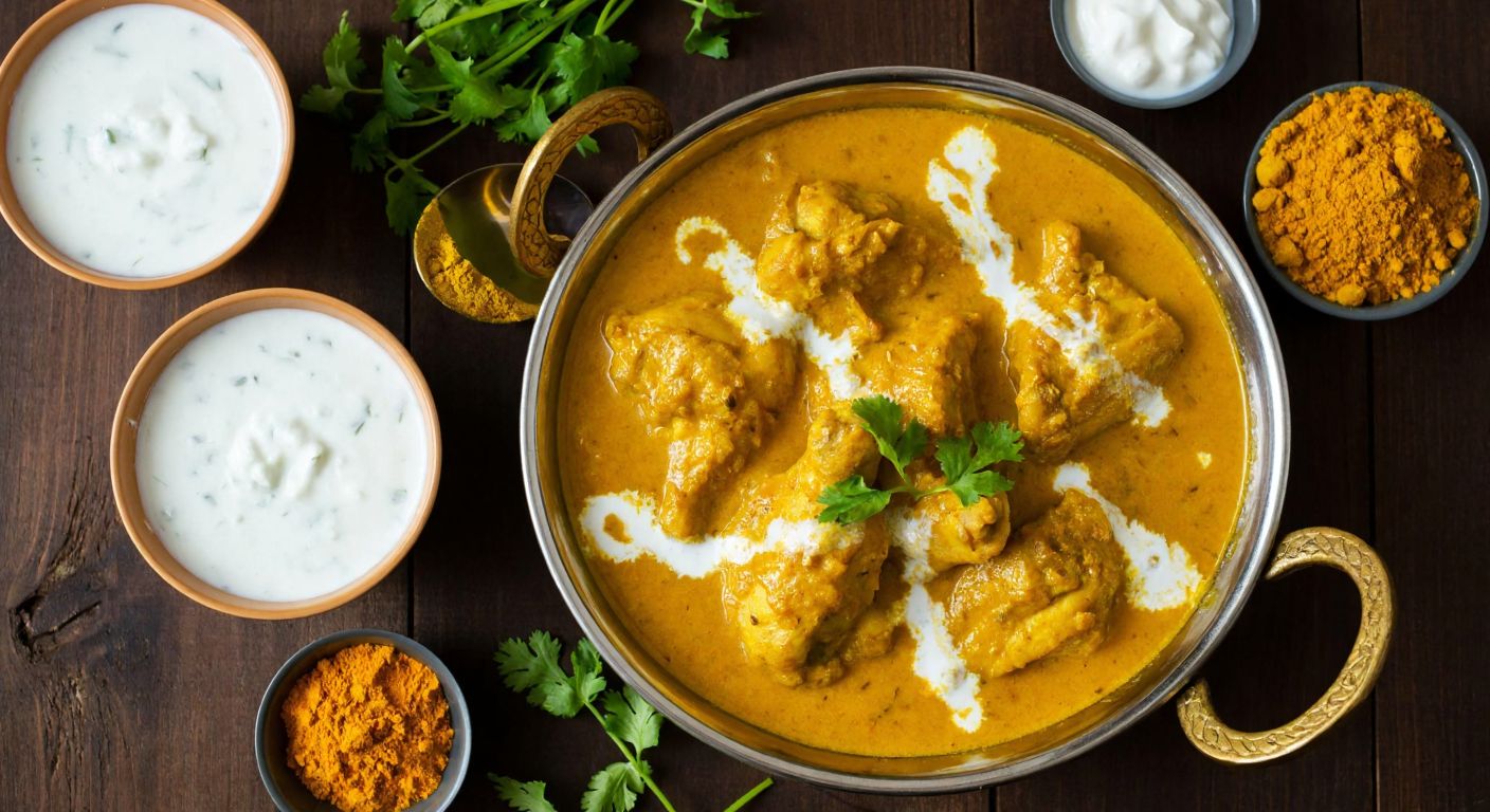 A steaming plate of golden curry chicken with creamy sauce, surrounded by small bowls of coconut milk and light yogurt, set on a rustic wooden table with fresh herbs and spices like turmeric and coriander nearby.