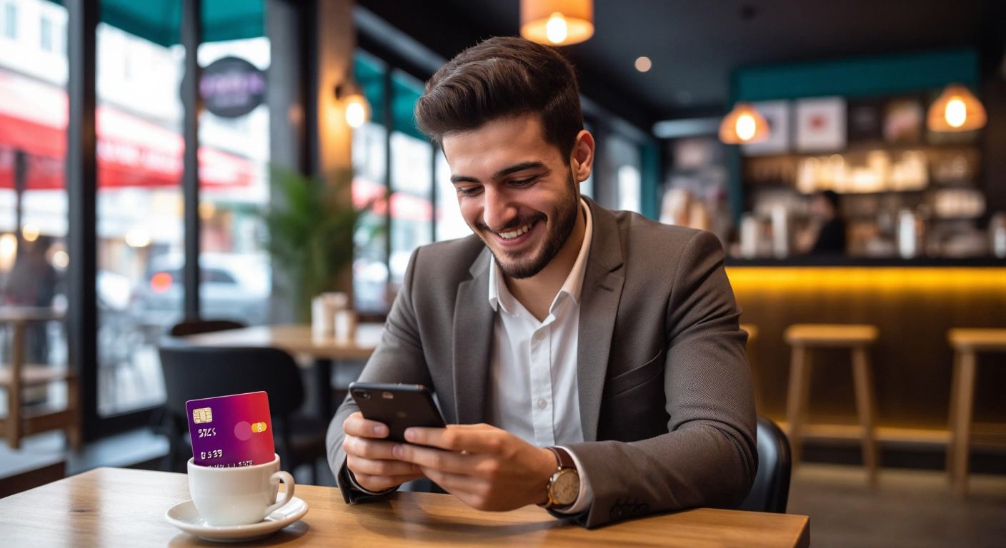 A young Turkish professional in a modern café smiles while browsing colorful credit card offers and promotions on their smartphone, with a steaming cup of Turkish coffee beside them.