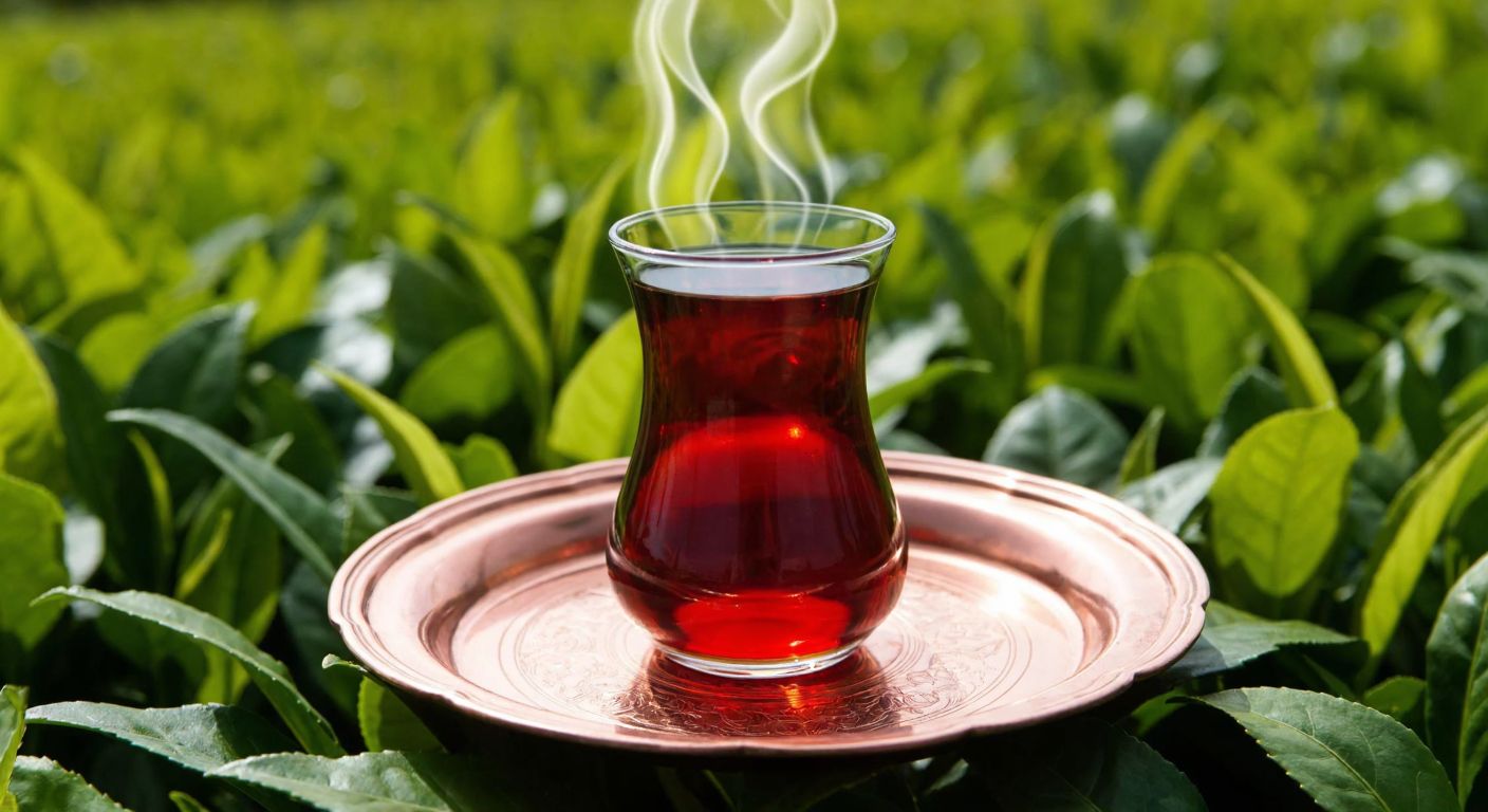 A steaming glass of black tea on a traditional Turkish copper tray, surrounded by lush green tea leaves under a bright sun, evoking the warmth and heritage of ÇAYKUR.