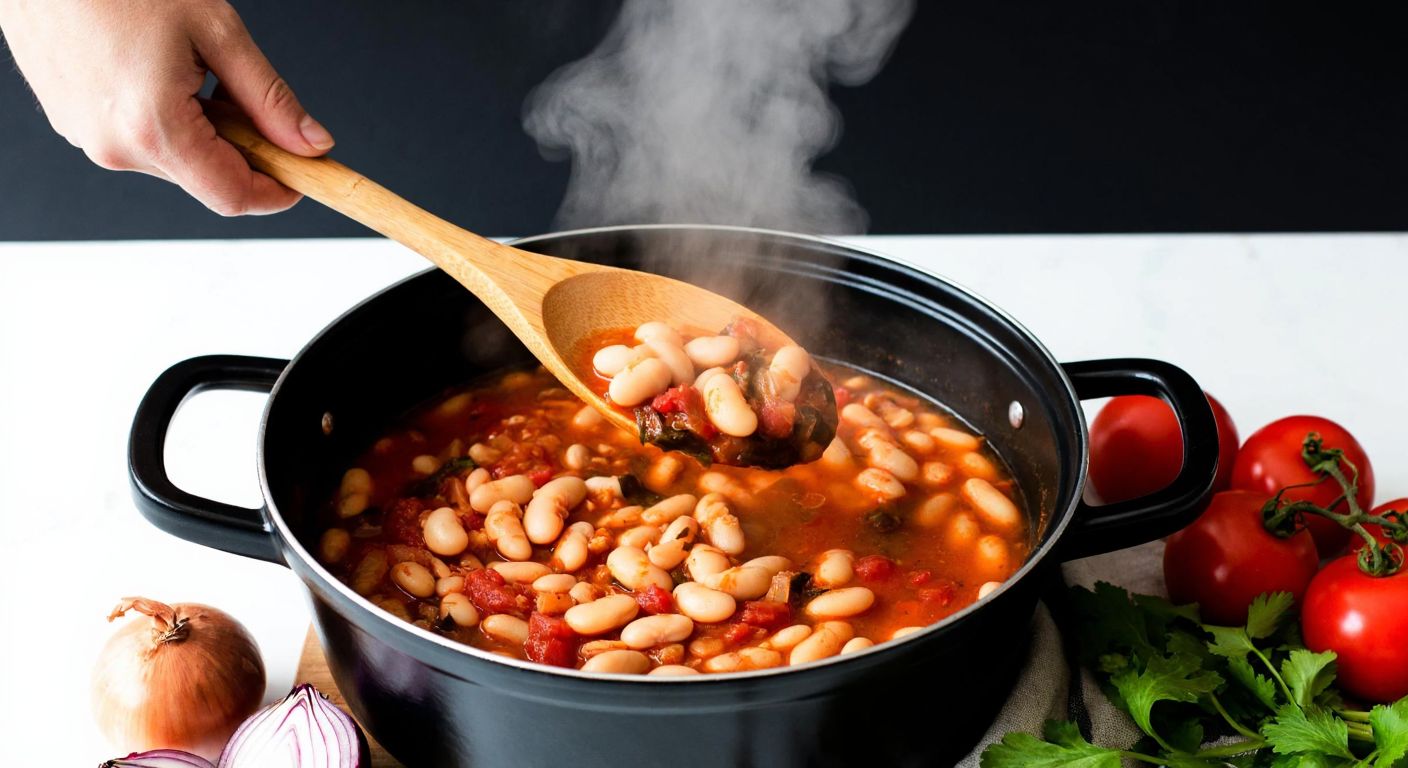 A steaming pot of Turkish white bean stew with a wooden spoon hovering over it, surrounded by fresh ingredients like onions and tomatoes, while two hands debate whether to pour out the dark broth into a bowl or keep it in the pot.