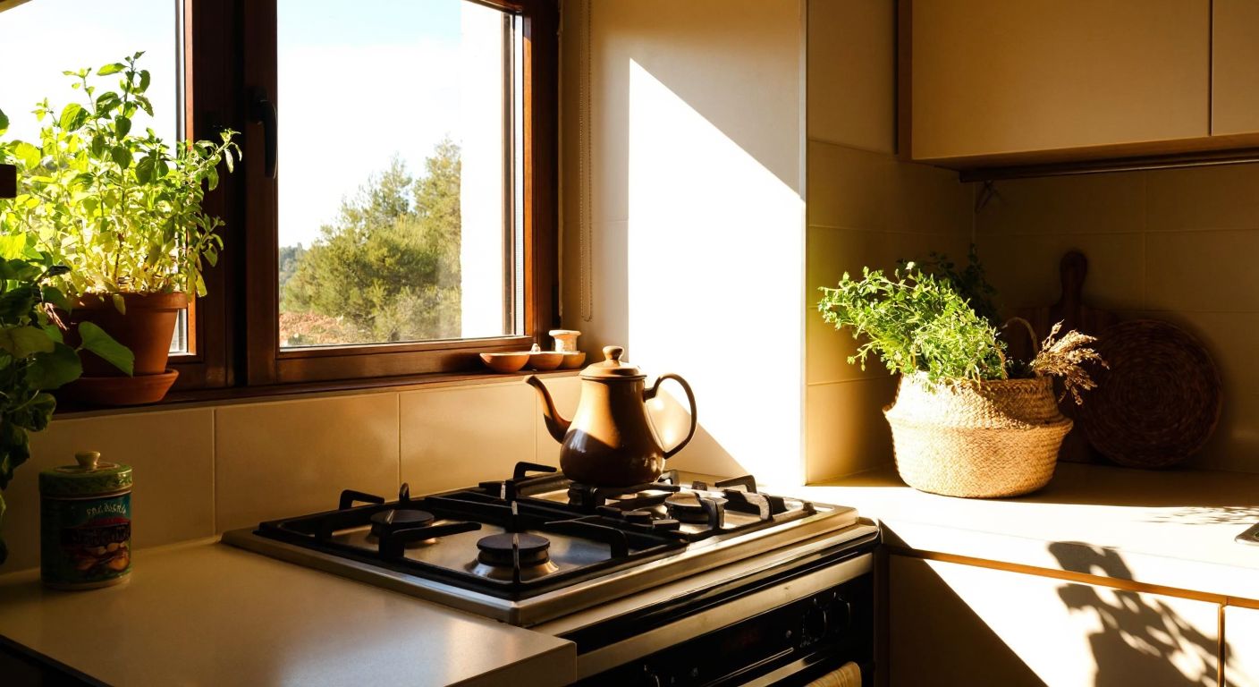 A cozy Turkish-style apartment kitchen with a small stove, a teapot on the counter, and fresh herbs in a woven basket, bathed in warm sunlight.