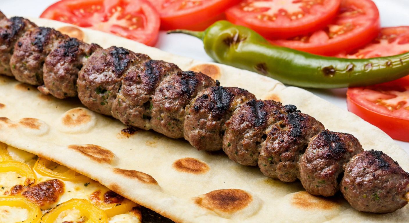 A skewer of spiced ground lamb for Adana kebab, glistening with fat and charred from the grill, resting on a bed of fresh flatbread beside grilled tomatoes and peppers.