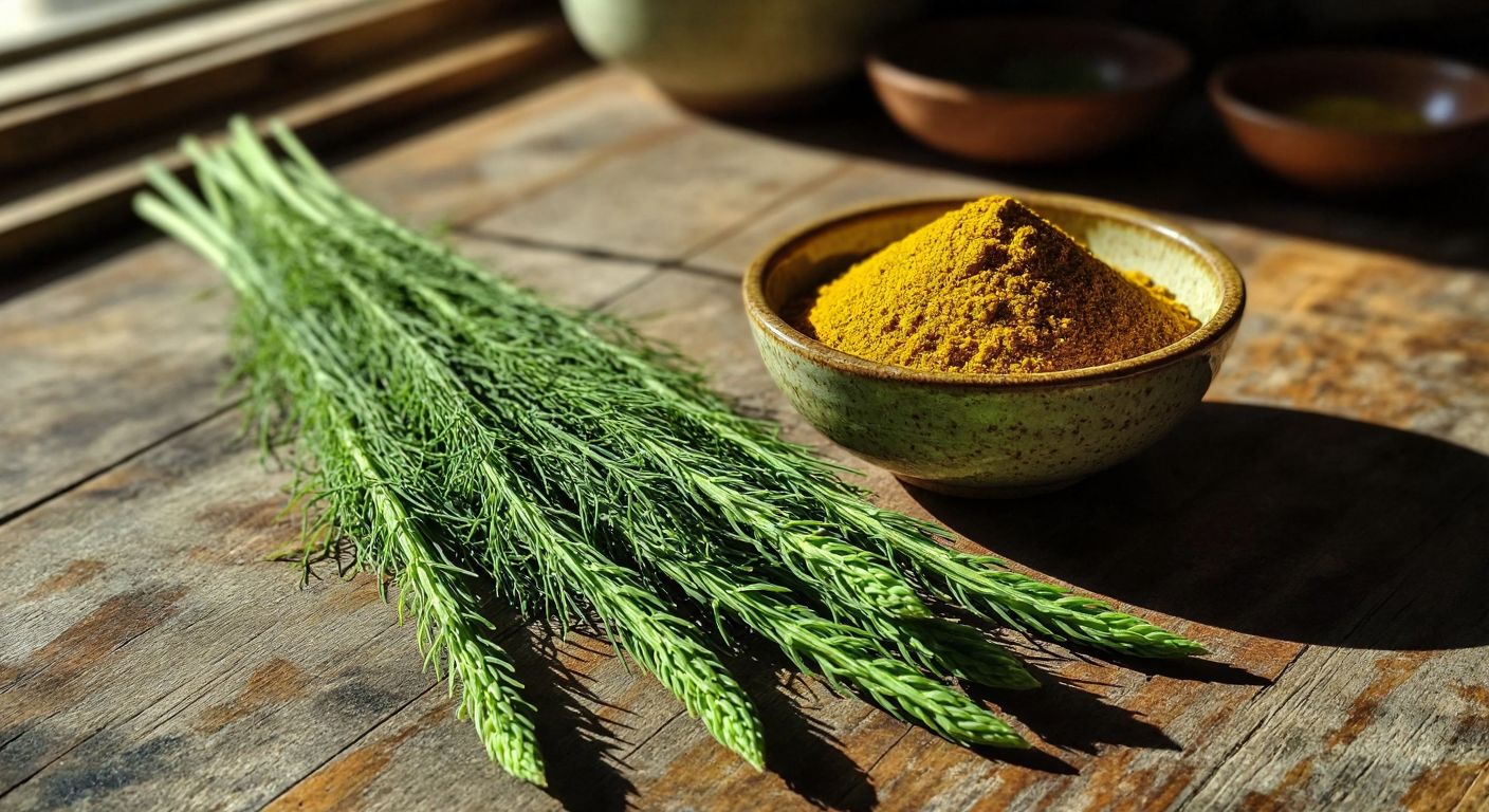 A vibrant green **kırkkilit otu** (horsetail) plant with segmented stems lies beside a small bowl of golden **köri** (curry) powder, both resting on a rustic wooden table in a sunlit Turkish kitchen.