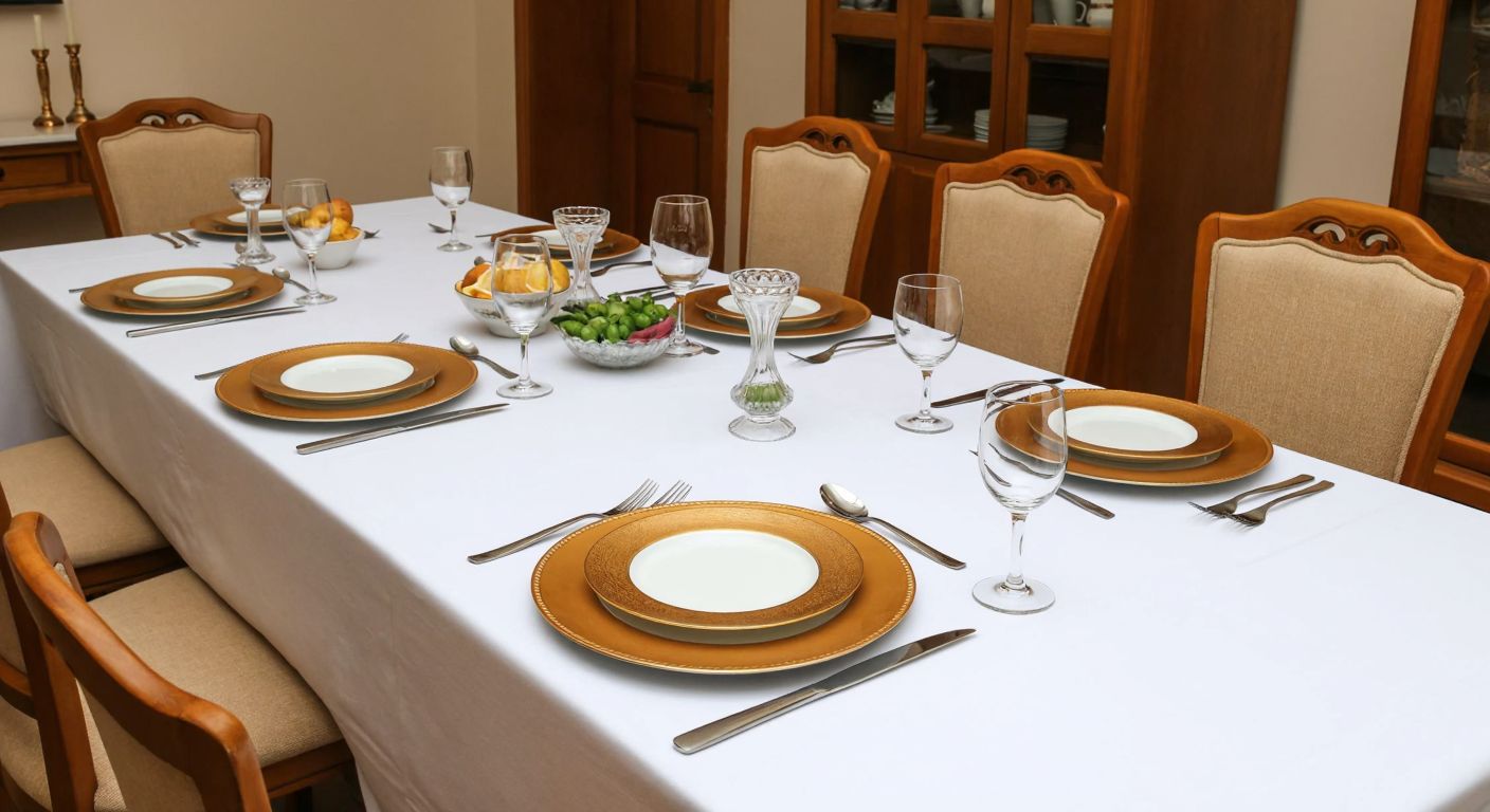 A neatly arranged dining table set with twelve golden-rimmed plates, matching cutlery, and elegant glassware, surrounded by twelve empty chairs in a warm, inviting Turkish home.
