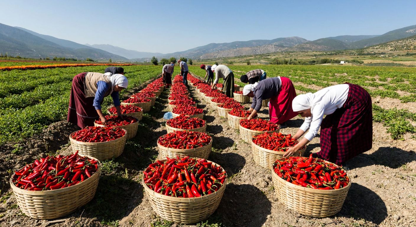 A sunlit field in rural Turkey with workers in traditional clothing bending over rows of vibrant red pepper plants, carefully harvesting the ripe peppers into woven baskets.