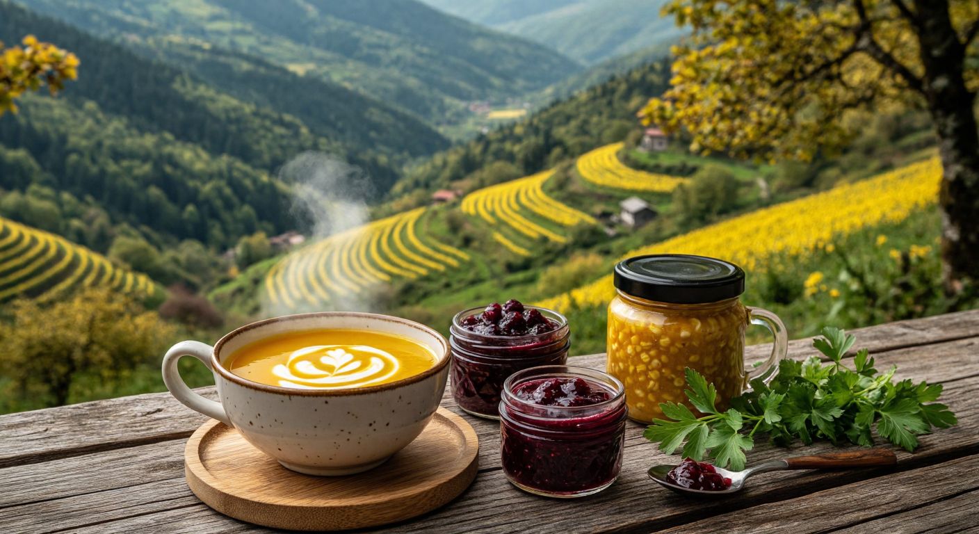 A rustic wooden table in Giresun holds a steaming cup of hazelnut tea, a bowl of golden corn soup with a swirl of yogurt, a small jar of wild berry jam, and a warm welcome soup garnished with fresh herbs, all set against a backdrop of lush green hills and hazelnut trees.