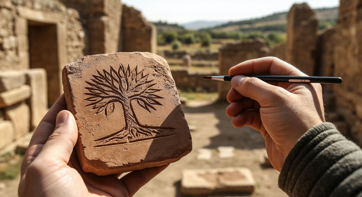 A hand holding a stylus carves a simple pictogram of a tree into a clay tablet, while another hand points to an abstract ideogram of a sun with rays symbolizing warmth, set against a backdrop of ancient Anatolian ruins.