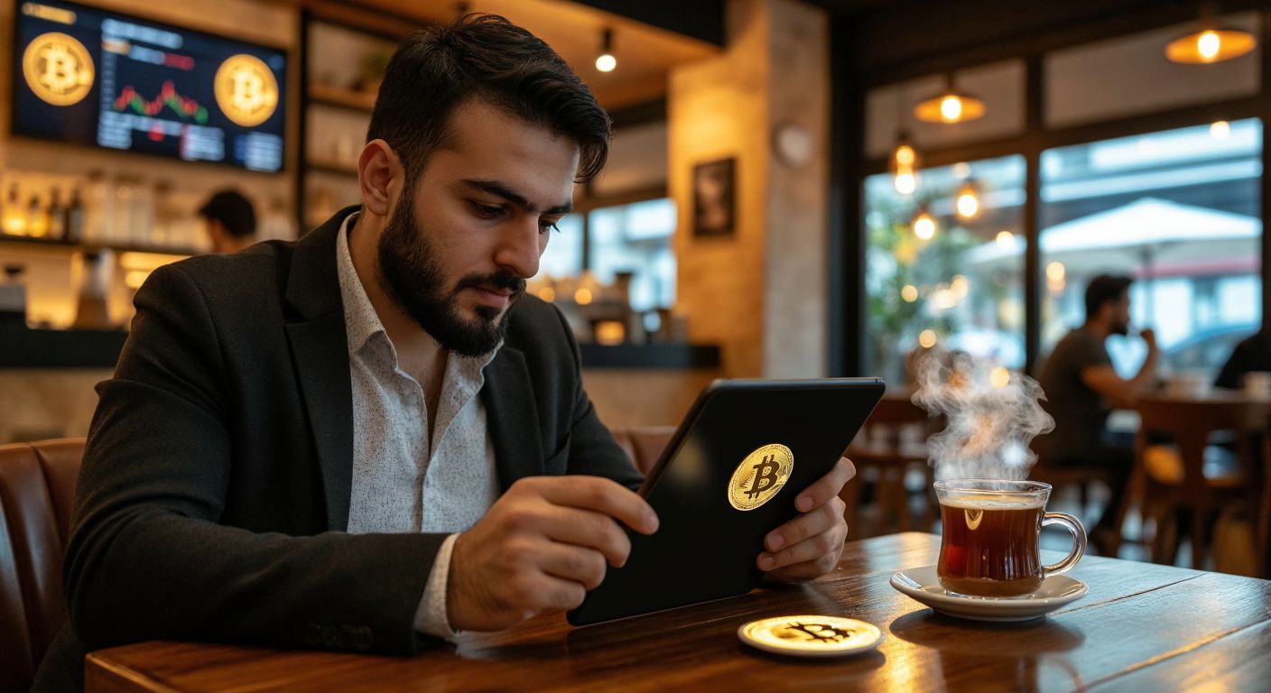 A Turkish investor in a modern café intensely studies cryptocurrency charts on a tablet, with a steaming cup of Turkish coffee beside them, their expression a mix of focus and cautious optimism.