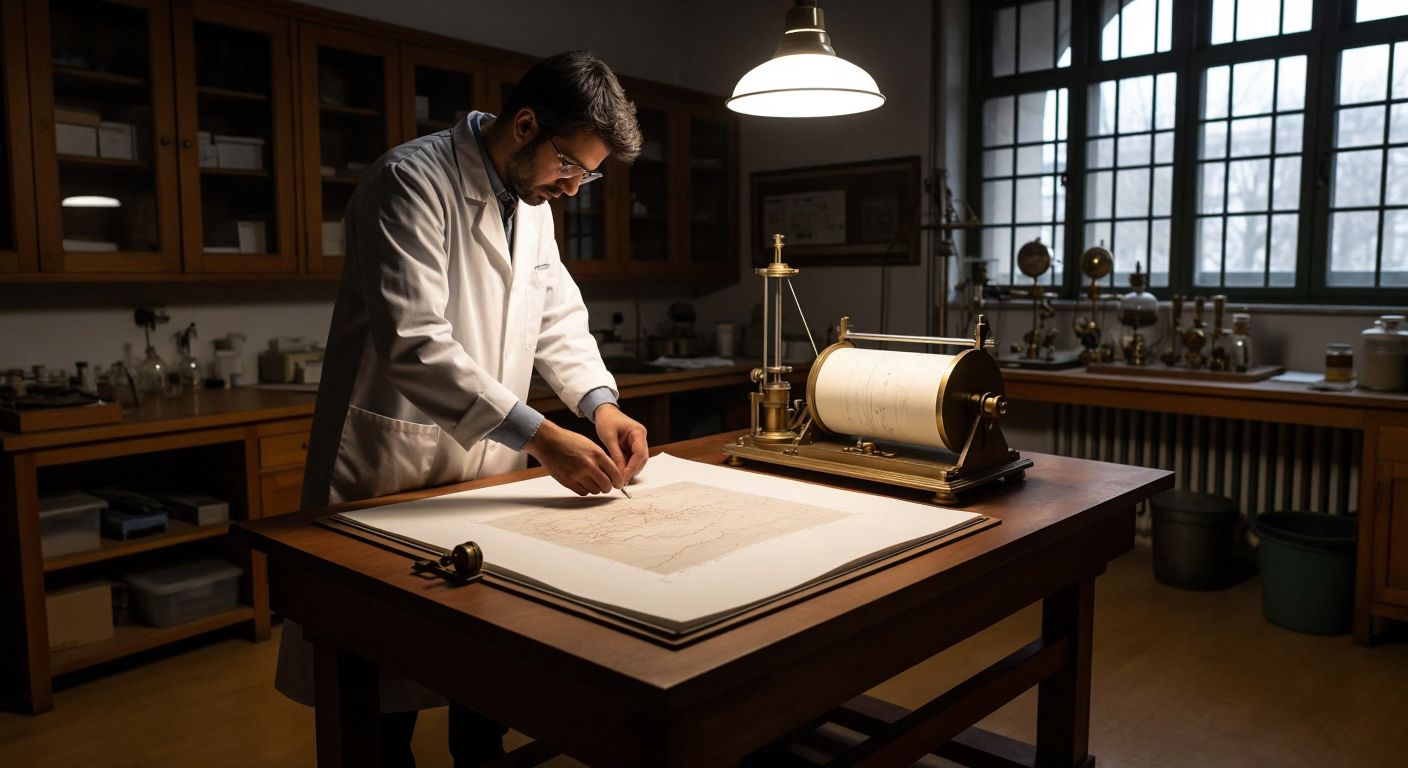A sleek, brass-framed seismograph sits on a wooden table in a dimly lit Turkish geology lab, its needle tracing jagged lines on a slowly unrolling paper scroll as a scientist in a white lab coat observes intently.