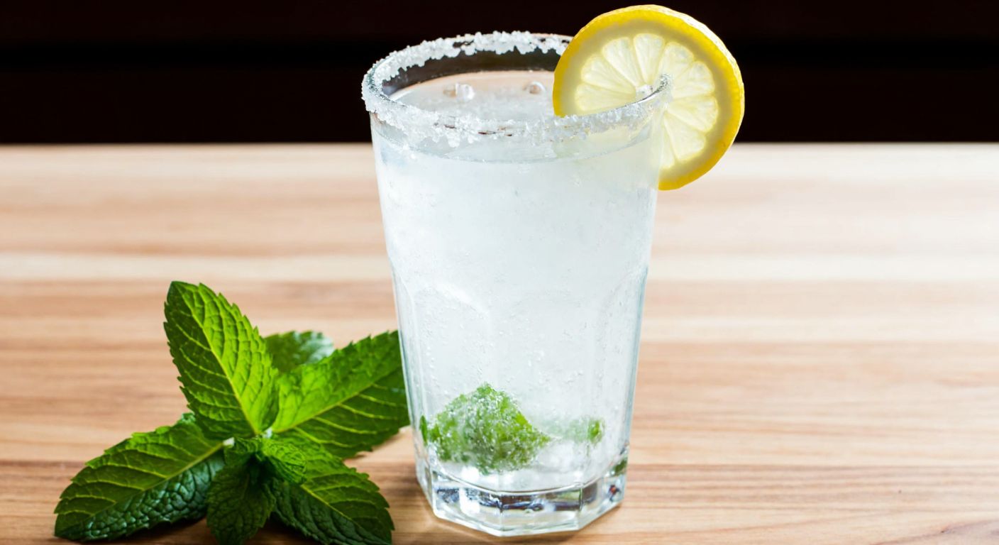 A tall, frosty glass filled with sparkling mineral water, a slice of lemon floating inside, and a sprinkle of salt on the rim, resting on a wooden table with fresh mint leaves beside it.