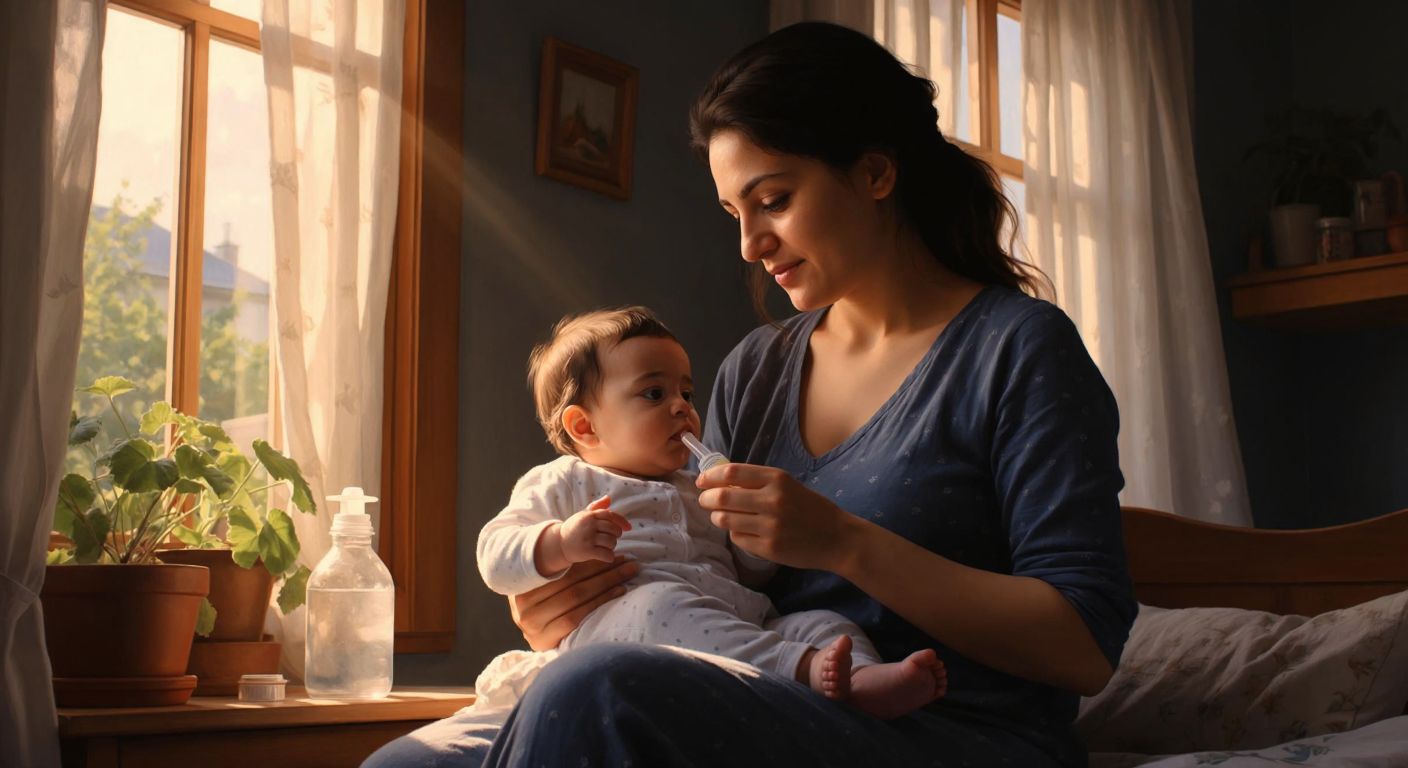 A young Turkish mother in a cozy home gently cradles her baby while carefully administering syrup with a clean oral syringe, her expression calm and attentive as sunlight streams through the window.