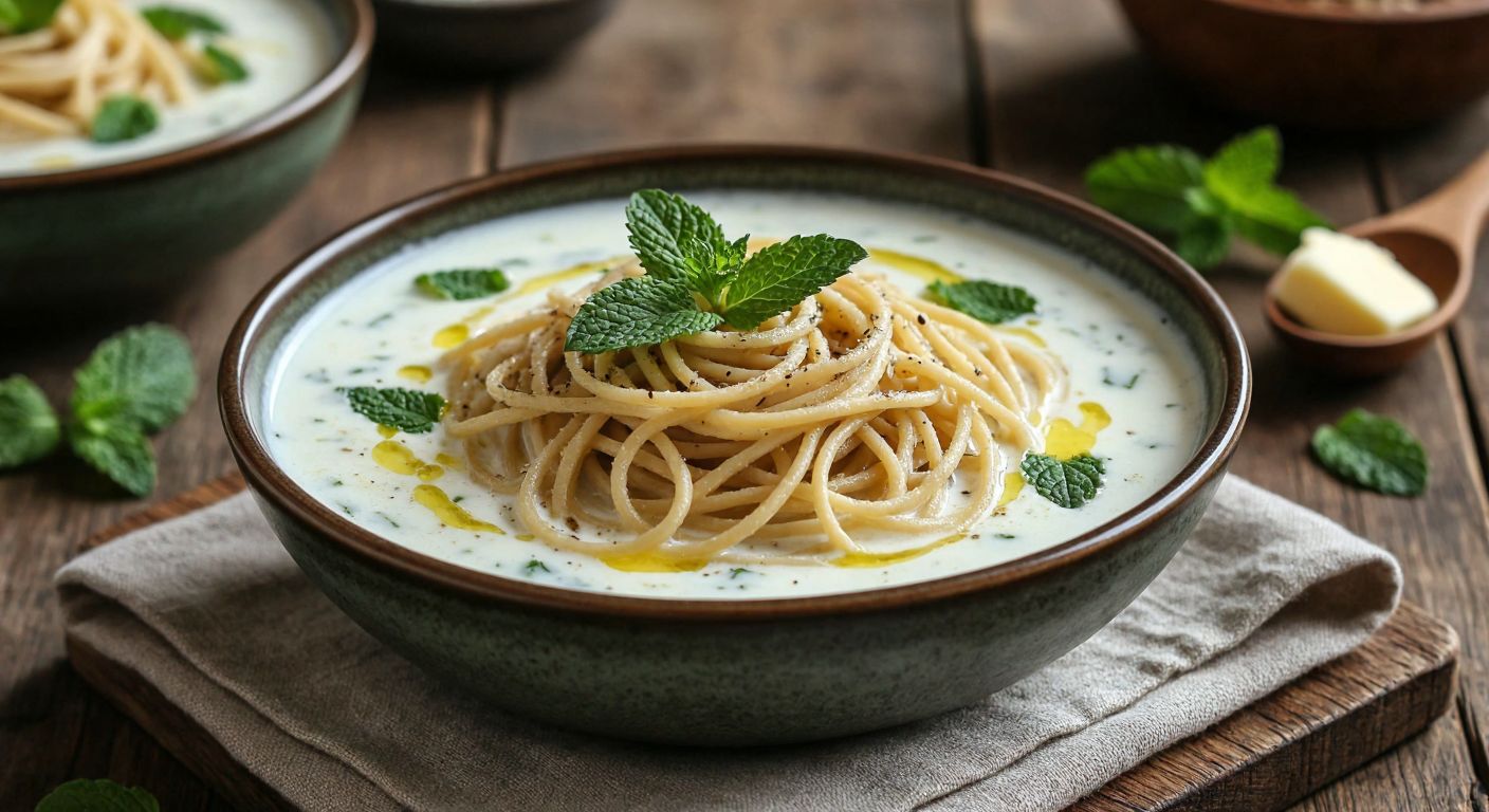 A steaming bowl of creamy yogurt soup with strands of homemade whole wheat noodles, garnished with fresh mint leaves and a drizzle of melted butter, set on a rustic wooden table in a cozy Turkish kitchen.
