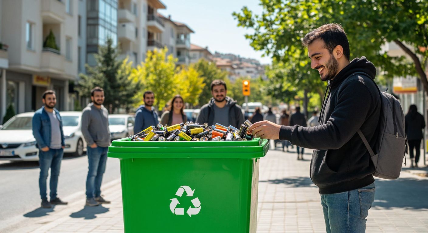 A bright green battery recycling bin placed on a sunny street corner in Turkey, with a smiling person dropping used batteries into it while others watch approvingly.
