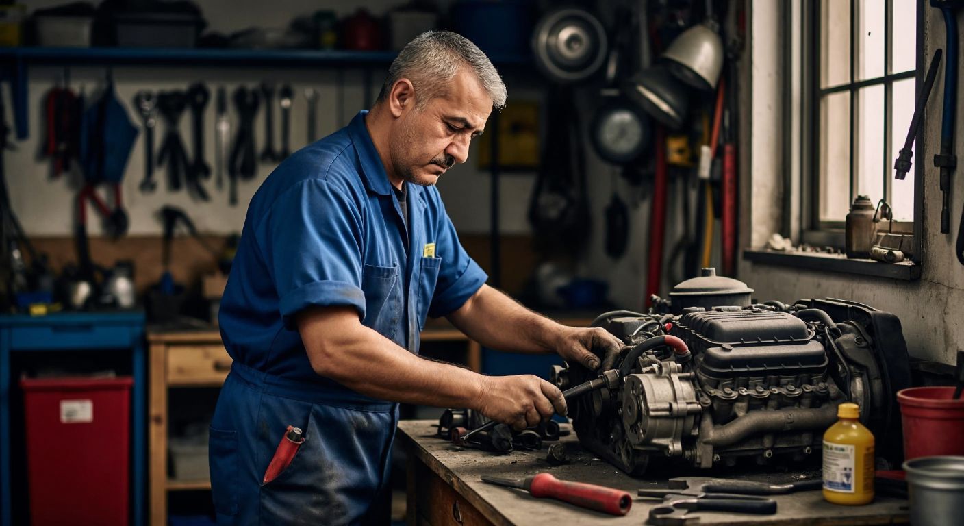 A middle-aged Turkish mechanic in a blue work uniform, sleeves rolled up, intently repairing a broken car engine in a cluttered garage with tools scattered on a wooden bench.