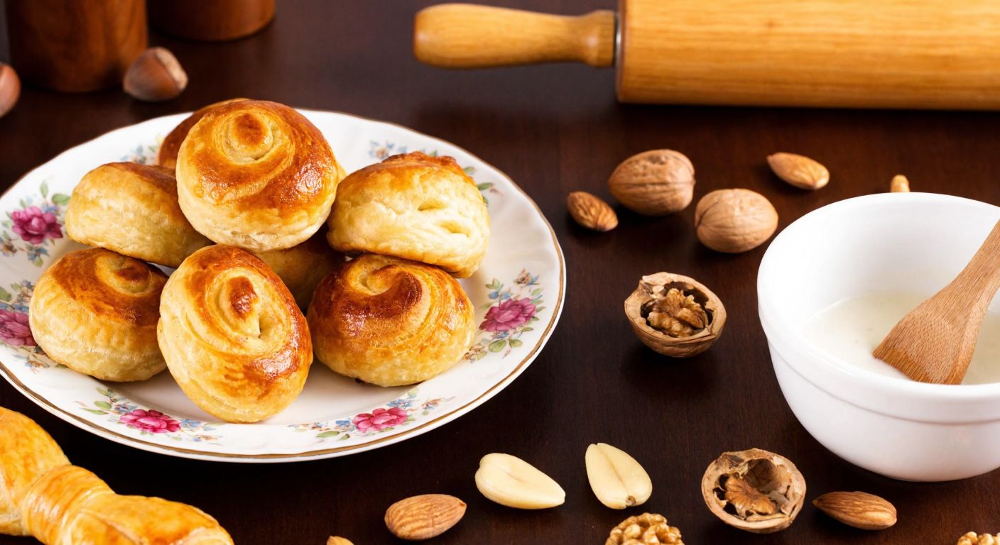 A warm Turkish kitchen scene with golden-brown bayram pastries fresh from the oven, arranged on a floral ceramic plate, surrounded by scattered almonds and walnuts, with a wooden rolling pin and mixing bowl nearby.
