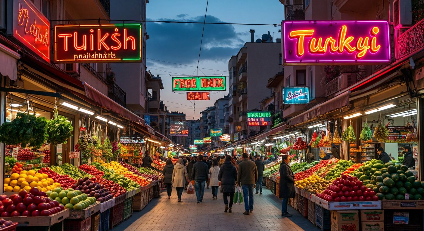 A vibrant Turkish market street at dusk, illuminated by colorful LED-lit signs in various styles—vinyl-stretched, box-lettered, and neon—casting a warm glow over fresh produce displays and bustling shoppers.