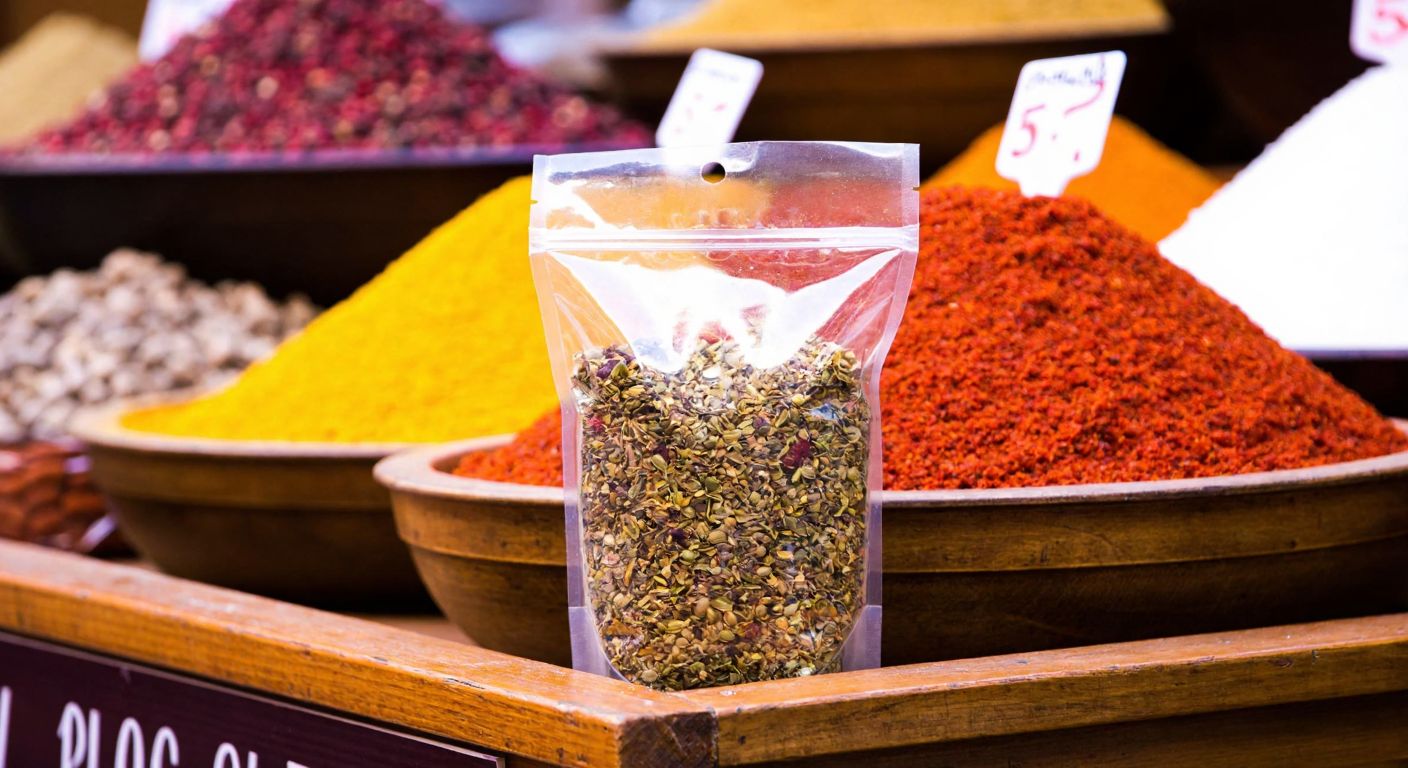 A clear, upright standing flexible packaging bag filled with colorful Turkish spices, resting on a wooden market stall in Istanbul.