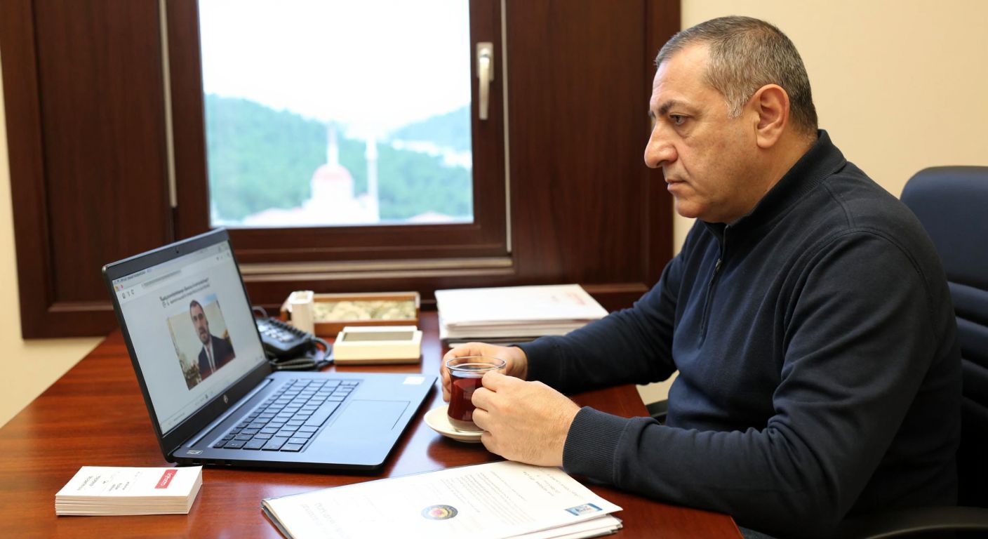 A middle-aged Turkish person in casual attire sits at a wooden desk with a laptop open to a government website, looking focused while holding a cup of Turkish tea, with a small stack of documents and an ID card nearby.