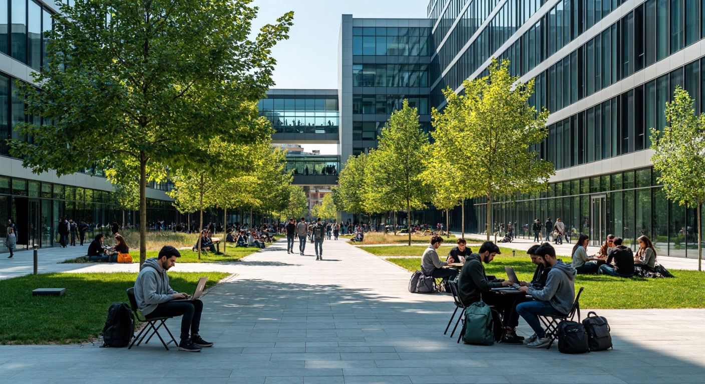 A modern university campus in Istanbul with students checking their academic schedules on laptops under the shade of a leafy courtyard, surrounded by sleek glass buildings and a bustling atmosphere of focused learning.