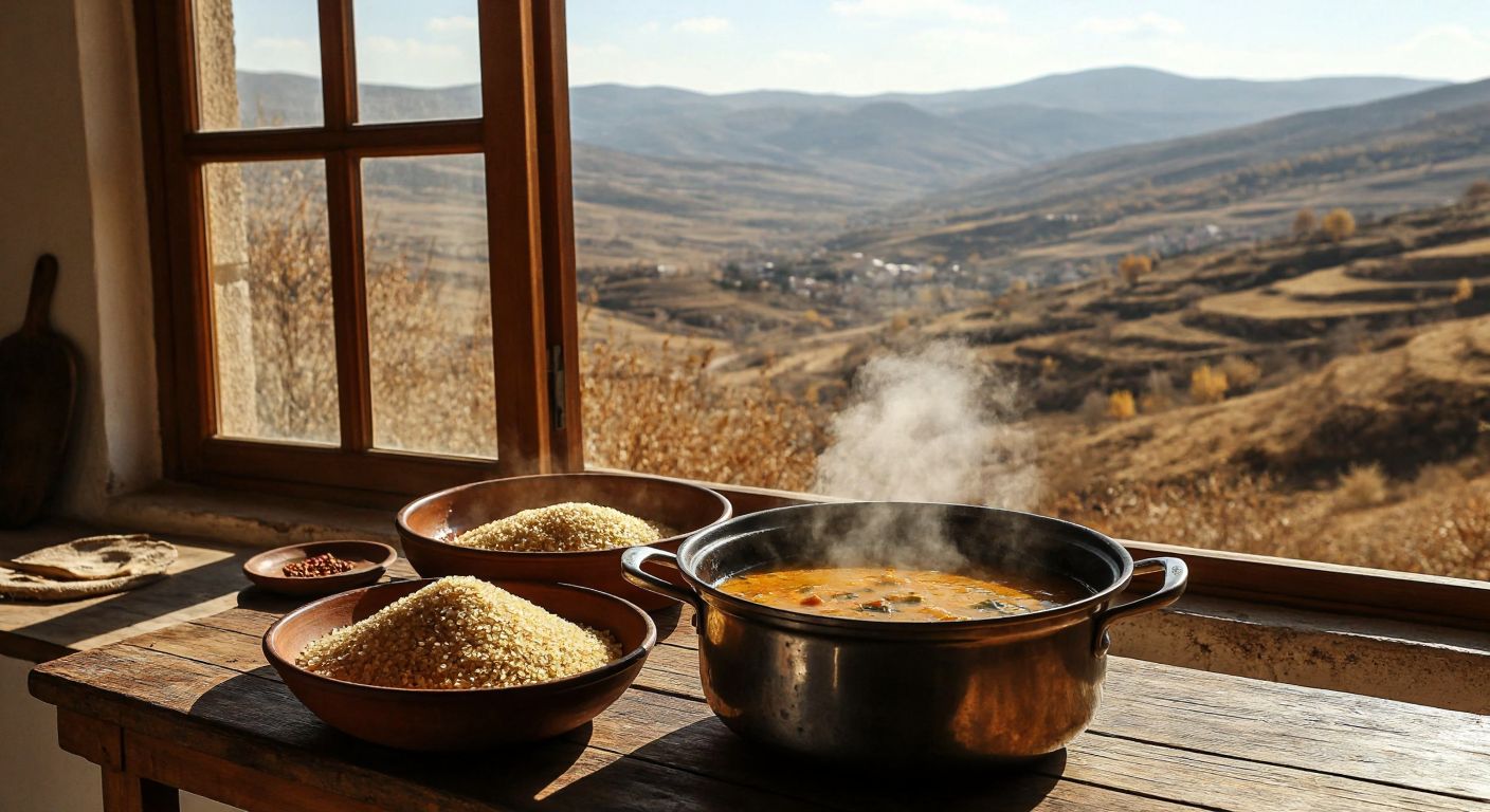 A rustic wooden table in a sunlit Turkish kitchen holds a bowl of coarse **göce bulgur** next to a steaming pot of soup, with the arid hills of **Afyonkarahisar** visible through an open window.