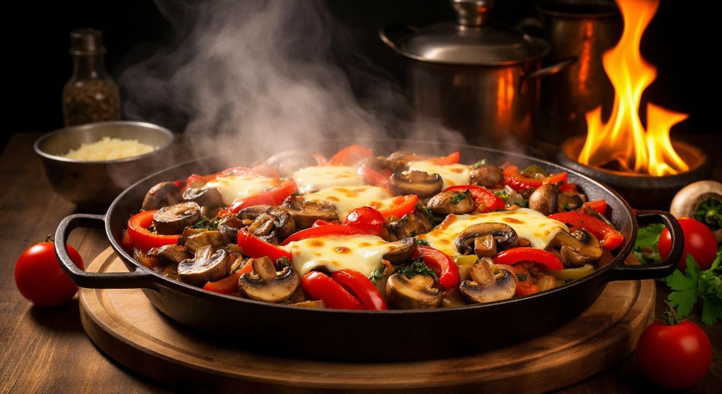 A rustic Turkish kitchen with a sizzling pan of sautéed mushrooms, diced peppers, and tomatoes, topped with melted kaşar cheese, emitting warm, savory steam.