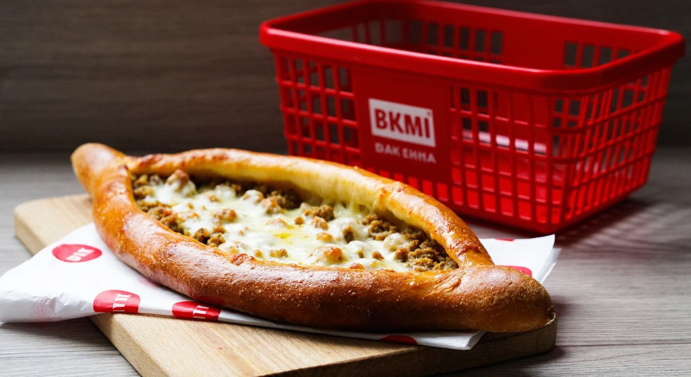 A warm, golden-brown mini pide with melted cheese and minced meat filling, placed on a wooden table next to a BİM shopping basket, evoking the cozy aroma of a Turkish bakery.