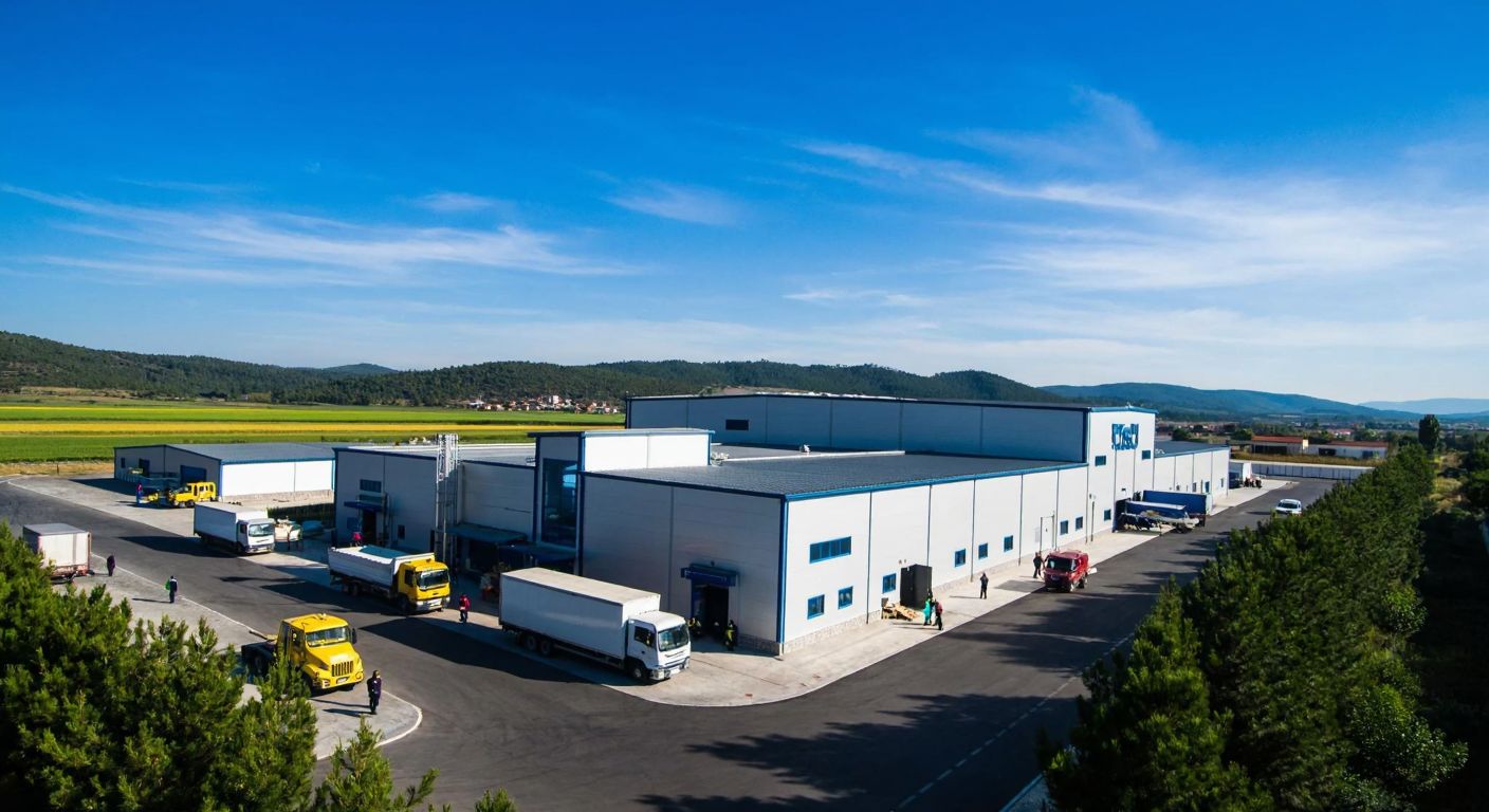A bustling industrial area in Gaziantep with a large, modern Oba Makarna factory under a bright blue sky, surrounded by trucks and workers in uniforms, with the distant silhouette of Sakarya's green hills in another frame.
