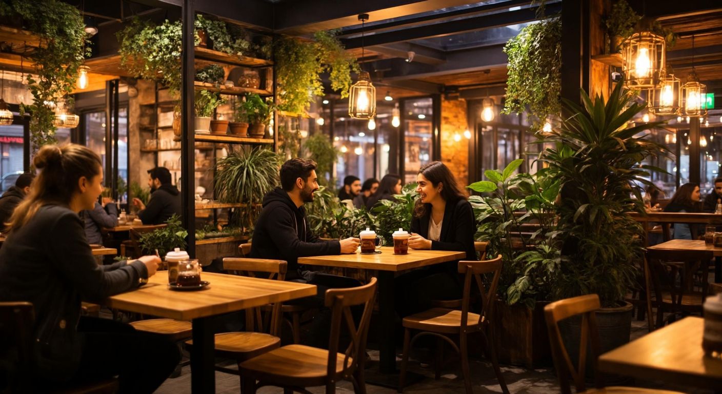 A cozy café in Ankara with warm wooden tables, steaming cups of Turkish coffee, and a group of friends chatting happily, surrounded by lush green plants and soft ambient lighting.
