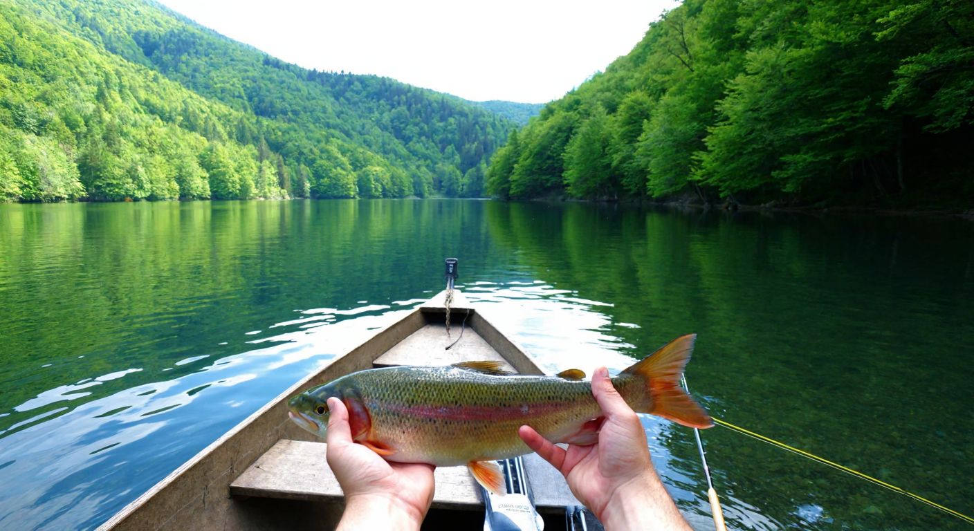 A serene lakeside scene in Yedigöller National Park, with a fisherman holding a fresh catch of Abant alası, kadife, mercan, and gökkuşağı fish, surrounded by lush green forests and crystal-clear water.