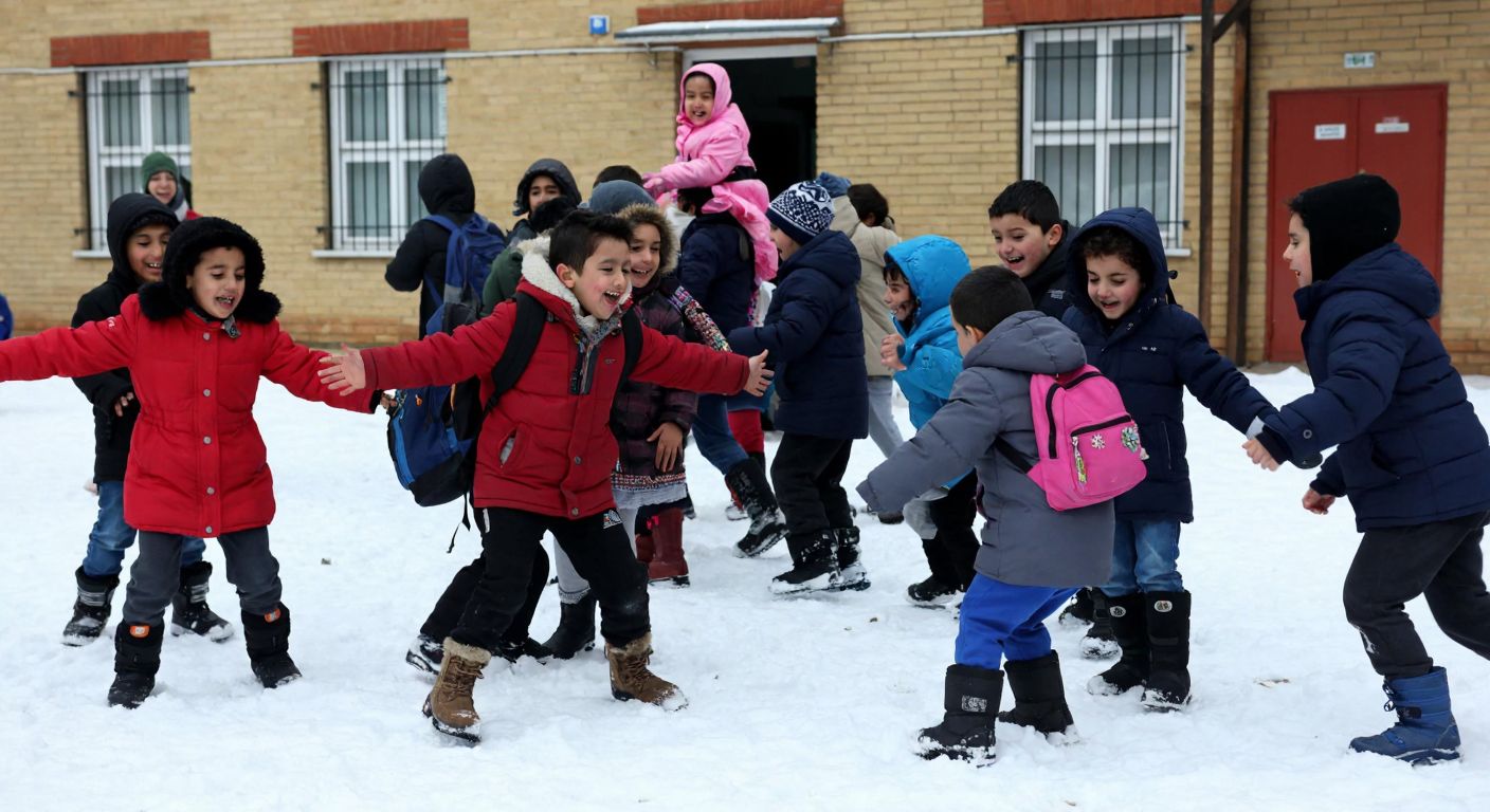 A group of cheerful Turkish children in winter coats playing in a snowy schoolyard, their backpacks abandoned nearby, embodying the joy of the mid-term break.