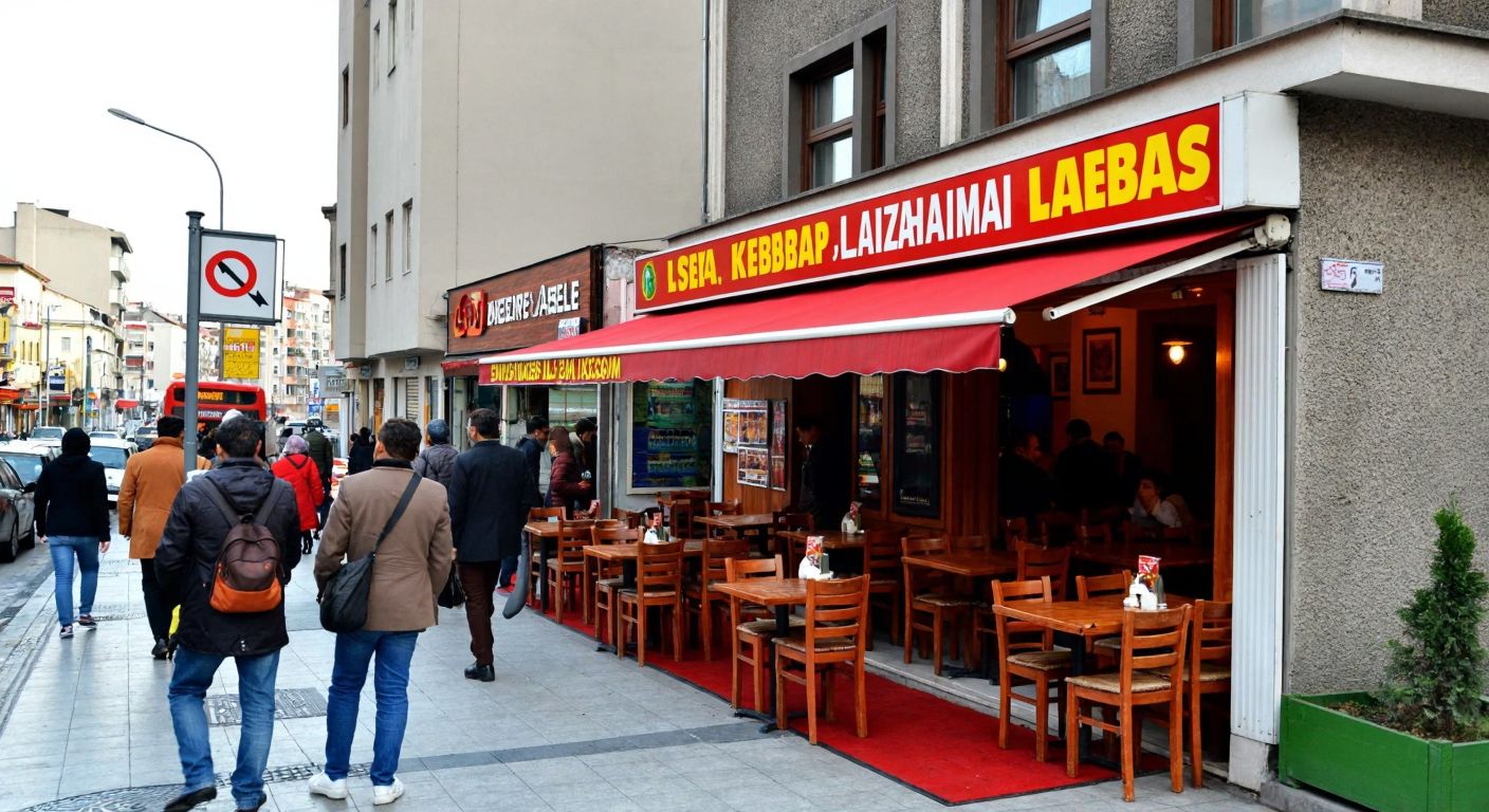 A bustling Istanbul street in Gaziosmanpaşa, with a small kebap and lahmacun restaurant under a red awning, surrounded by pedestrians asking for directions and a nearby bus stop with people waiting.
