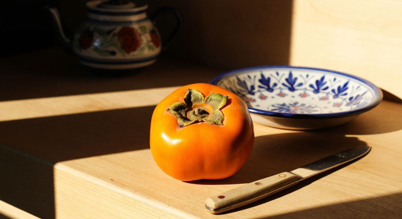 A vibrant orange kaki fruit resting on a wooden table in a sunlit Turkish kitchen, with a traditional ceramic plate and a small knife beside it.