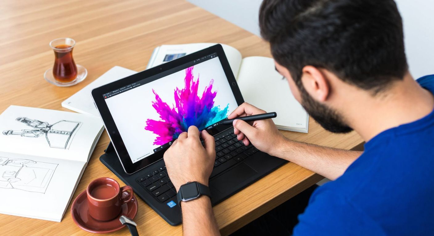 A young Turkish designer with focused eyes works on a vibrant digital illustration using a graphics tablet, surrounded by open notebooks filled with colorful sketches and a steaming cup of Turkish tea on a wooden desk.