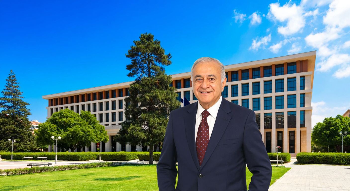 A grand university building in Izmir with a modern facade, surrounded by lush greenery, under a bright blue sky, with a dignified elderly man (representing Selçuk Yaşar) standing proudly in front, wearing a formal suit and a warm smile.