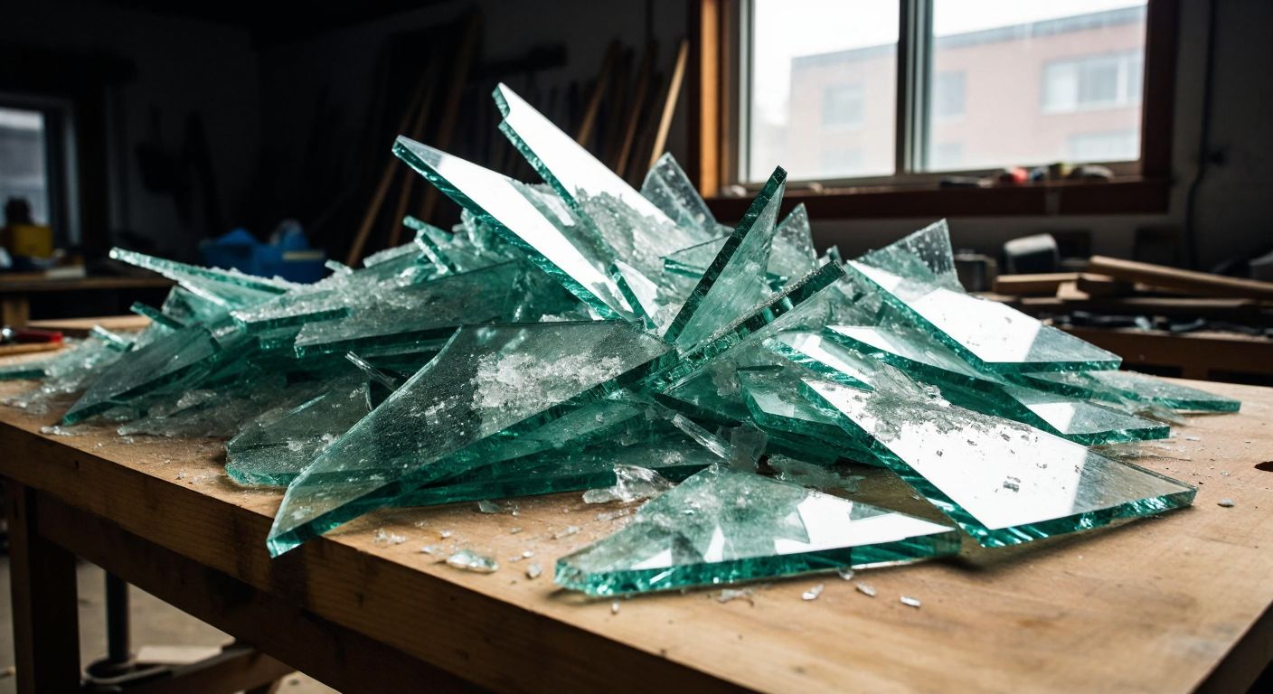 A shattered tempered glass pane with sharp, angular fragments scattered on a wooden workshop table, reflecting frustration and finality.