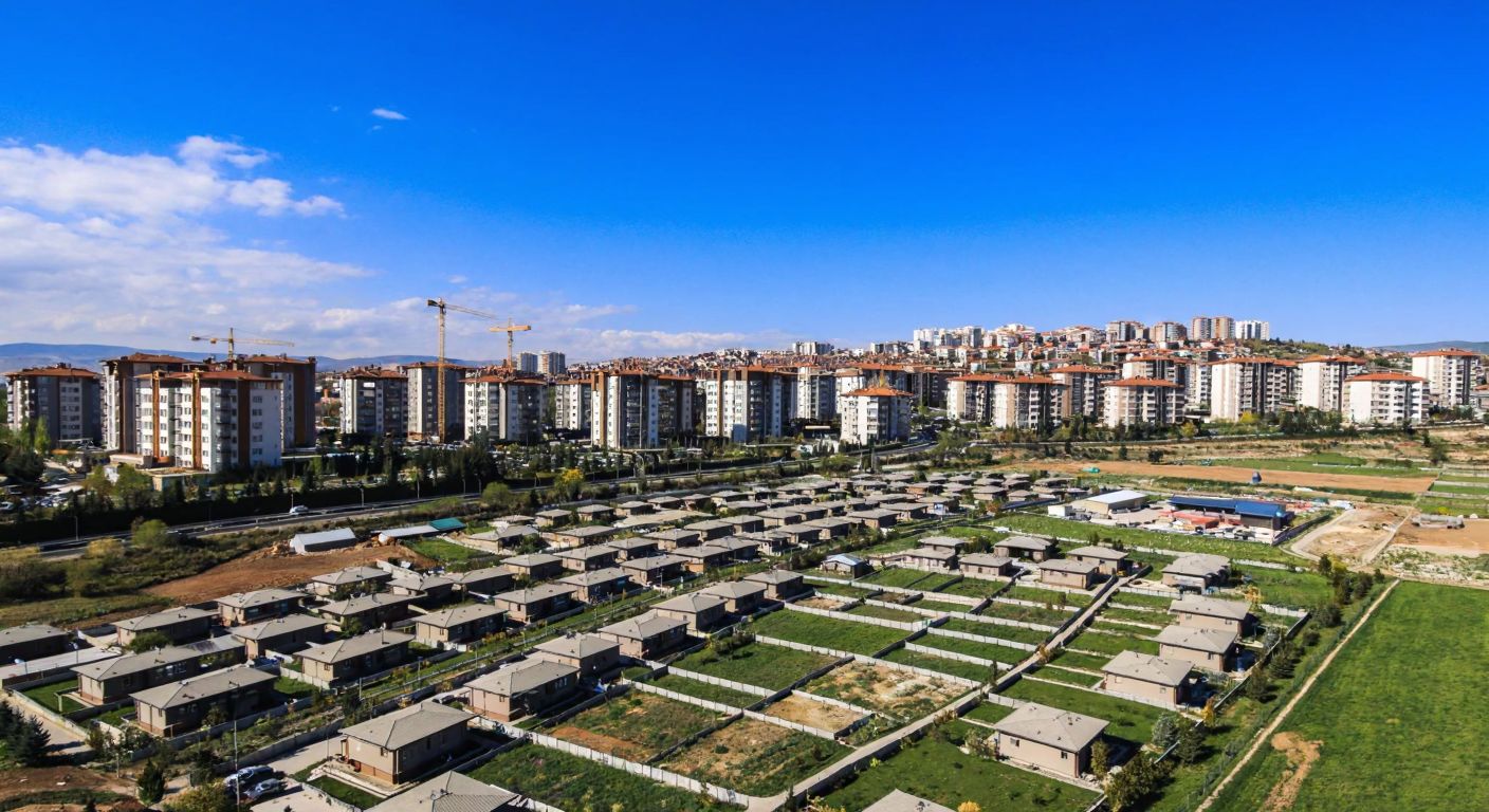 A detailed aerial view of Ankara's Çayyolu neighborhood, with scattered empty plots of land under a bright blue sky, surrounded by modern apartment buildings and a few construction cranes in the distance.