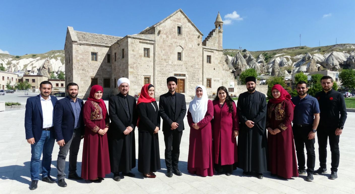 A group of dedicated Turkish teachers in traditional attire standing proudly in front of a historic stone building in Nevşehir, symbolizing the foundation of Enderun Eğitim Vakfı.