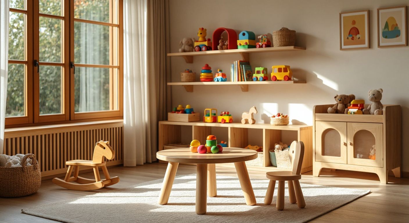 A bright, sunlit Turkish children's room with low wooden shelves holding colorful toys, a small round table with smooth edges, and a child-sized chair, all made from natural, polished wood, evoking warmth and safety.