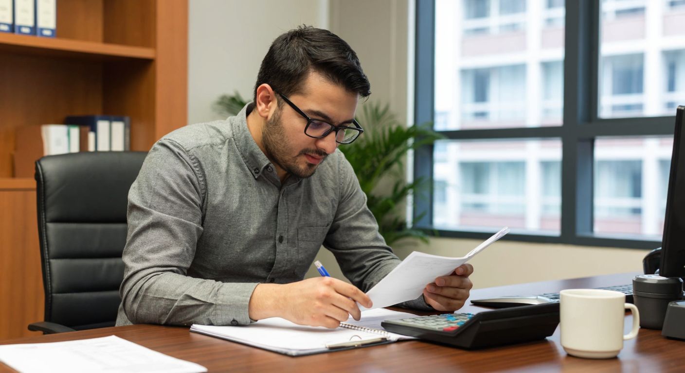 A Turkish accountant in a tidy office, wearing glasses and a button-up shirt, carefully reviewing a ledger with columns labeled "690" and "600," while a calculator and coffee cup sit nearby.