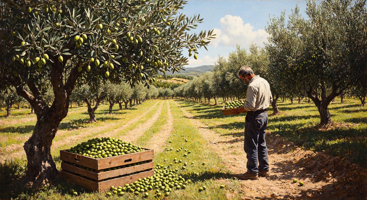 A sunlit Spanish olive grove with Arbequina trees laden with plump green olives, a farmer inspecting the fruit, and a rustic wooden crate filled with freshly harvested olives nearby.