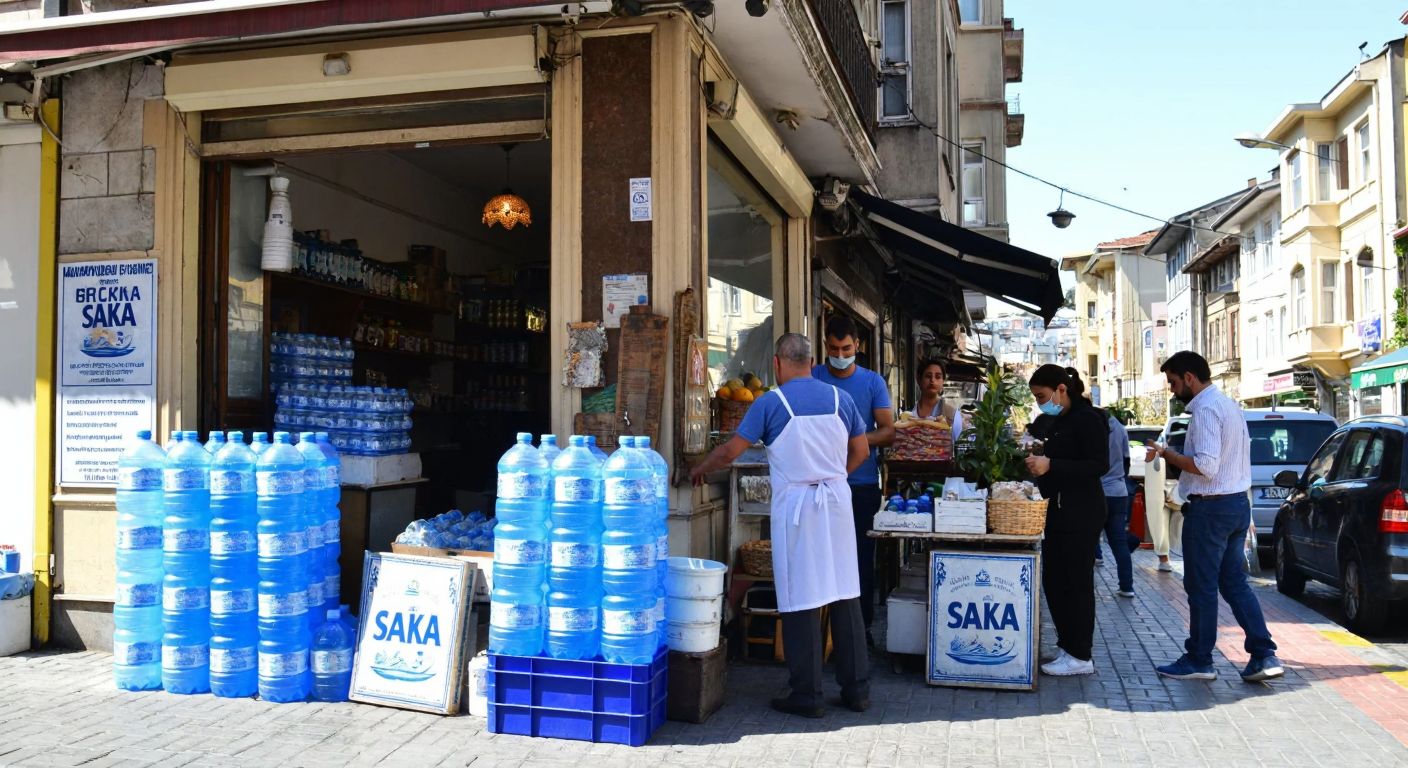 A bustling street in Fatih, Istanbul, with a small Saka Su shop displaying stacked blue water bottles, a shopkeeper in a white apron assisting a customer, and the historic Vefa Cad. in the background.