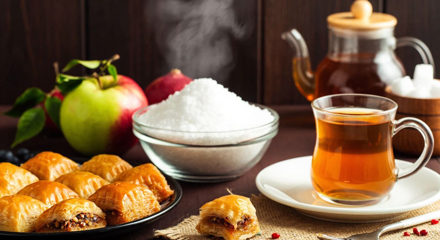 A vibrant Turkish kitchen scene with a glass bowl of white sugar crystals, a plate of baklava drizzled with syrup, and a steaming cup of çay, surrounded by fresh fruits and a jar of honey, evoking warmth and indulgence.