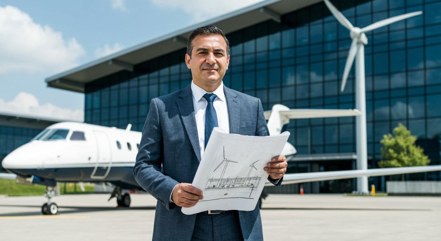 A confident middle-aged Turkish businessman in a tailored suit stands in front of a modern energy company building, holding a blueprint of a wind farm, with a sleek private jet visible in the background.