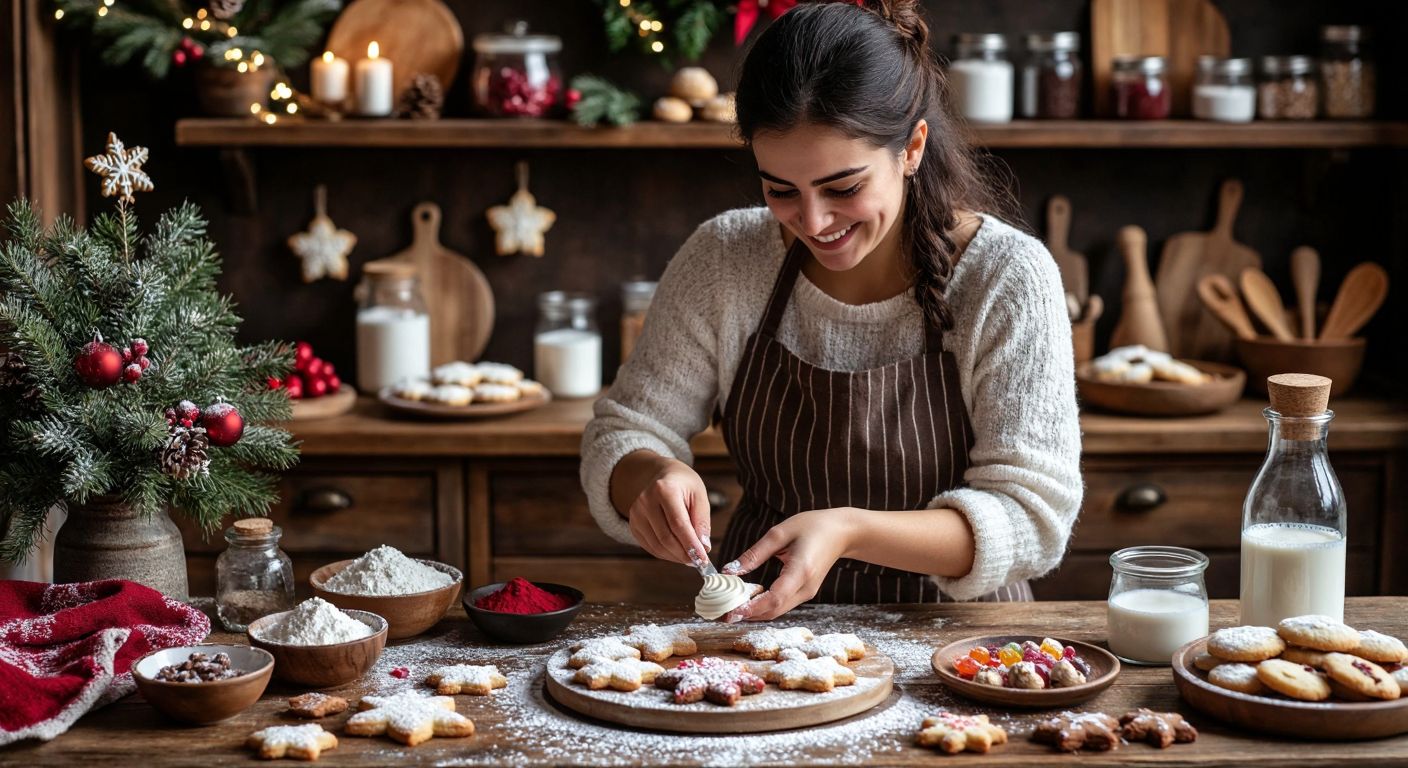 A warm Turkish kitchen with festive Christmas cookies on a wooden table, surrounded by bowls of powdered sugar, milk, and colorful food dyes, while a smiling woman in an apron carefully pipes creamy frosting onto a star-shaped cookie.