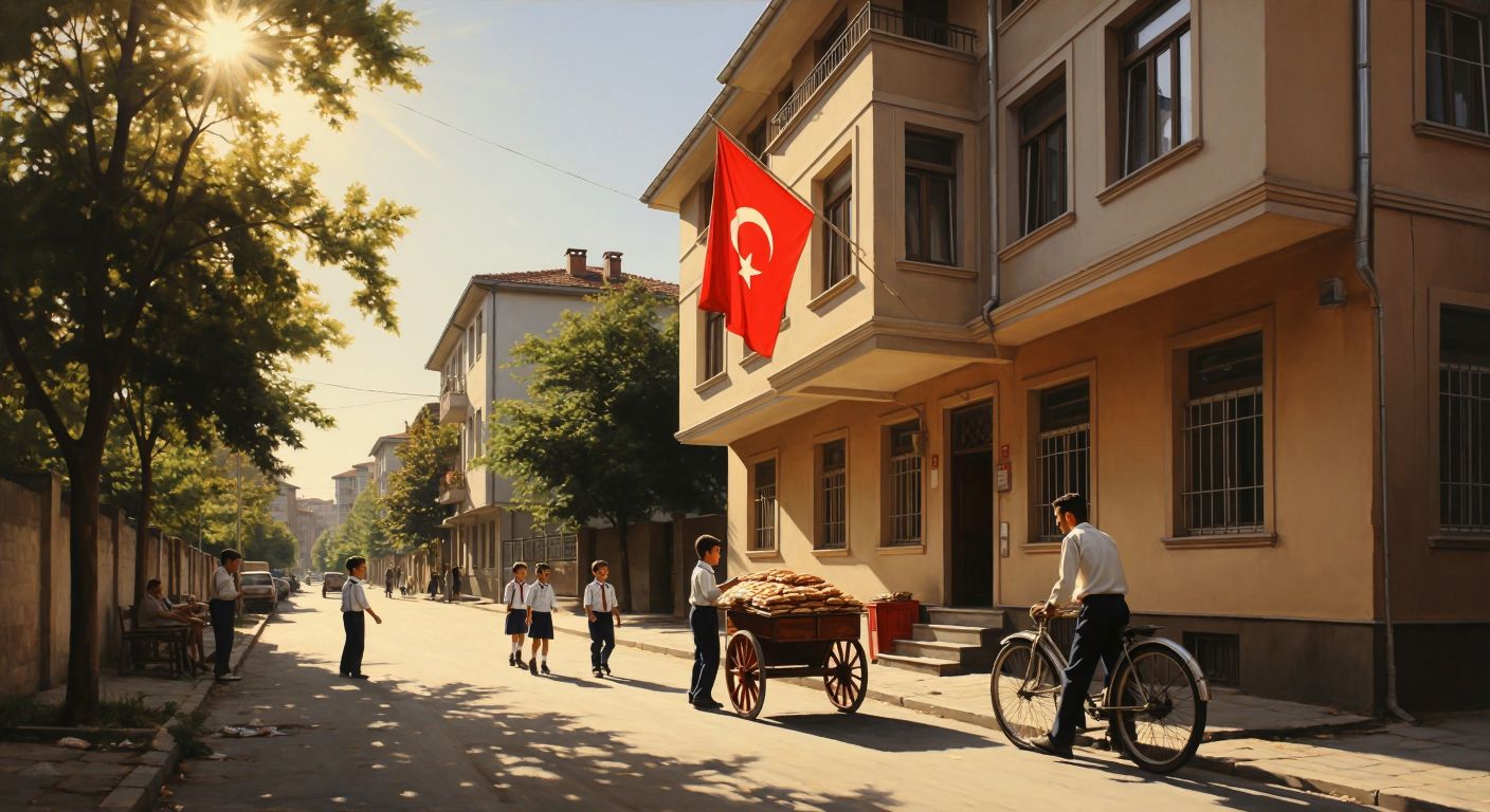 A sunlit street in Istanbul’s 19 Mayıs neighborhood, with a modern school building featuring a Turkish flag, children in uniforms chatting outside, and a nearby simit vendor pushing his cart.