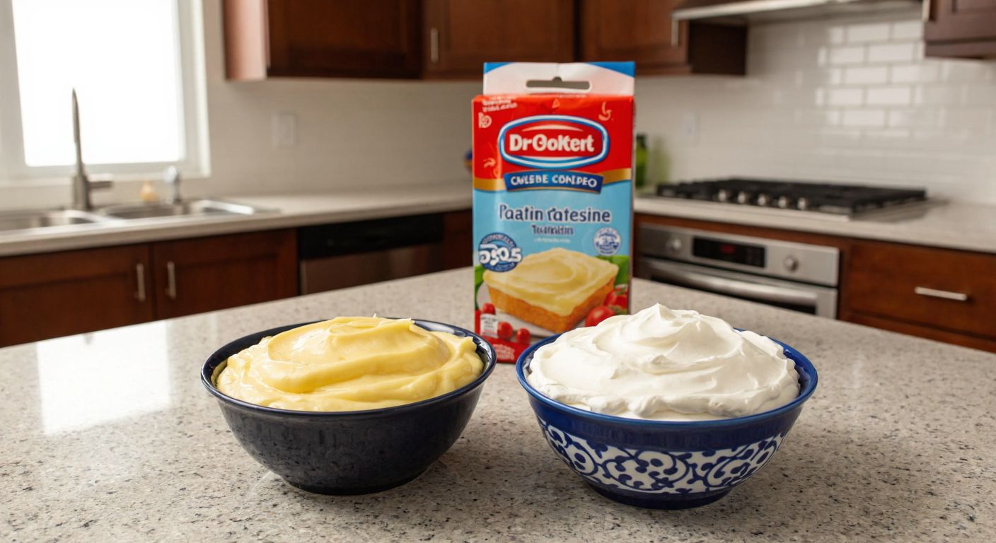 A Turkish kitchen counter displays two distinct bowls—one filled with smooth, custard-like pastry cream and the other with fluffy whipped cream, both next to unopened Dr. Oetker packaging.