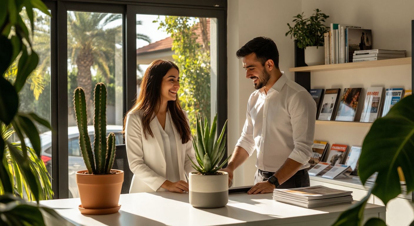 A sunlit insurance office in Antalya with a potted cactus on the desk, a smiling agent in a crisp shirt assisting a client, and brochures for car, health, and home insurance neatly displayed on a shelf.