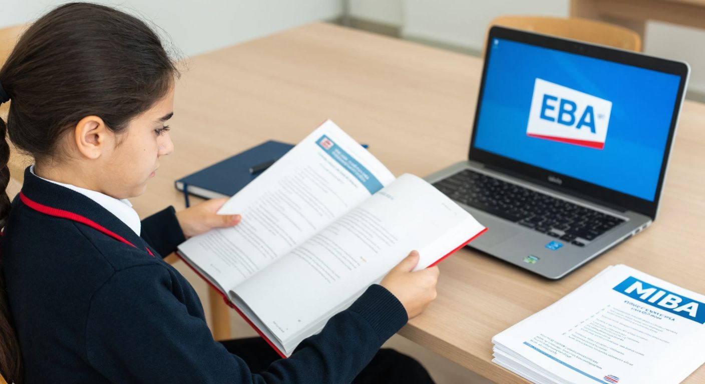 A Turkish student in a school uniform sits at a wooden desk, flipping through a workbook with a focused expression, while a laptop displaying the EBA logo and a stack of printed documents labeled "MEB" rest nearby.